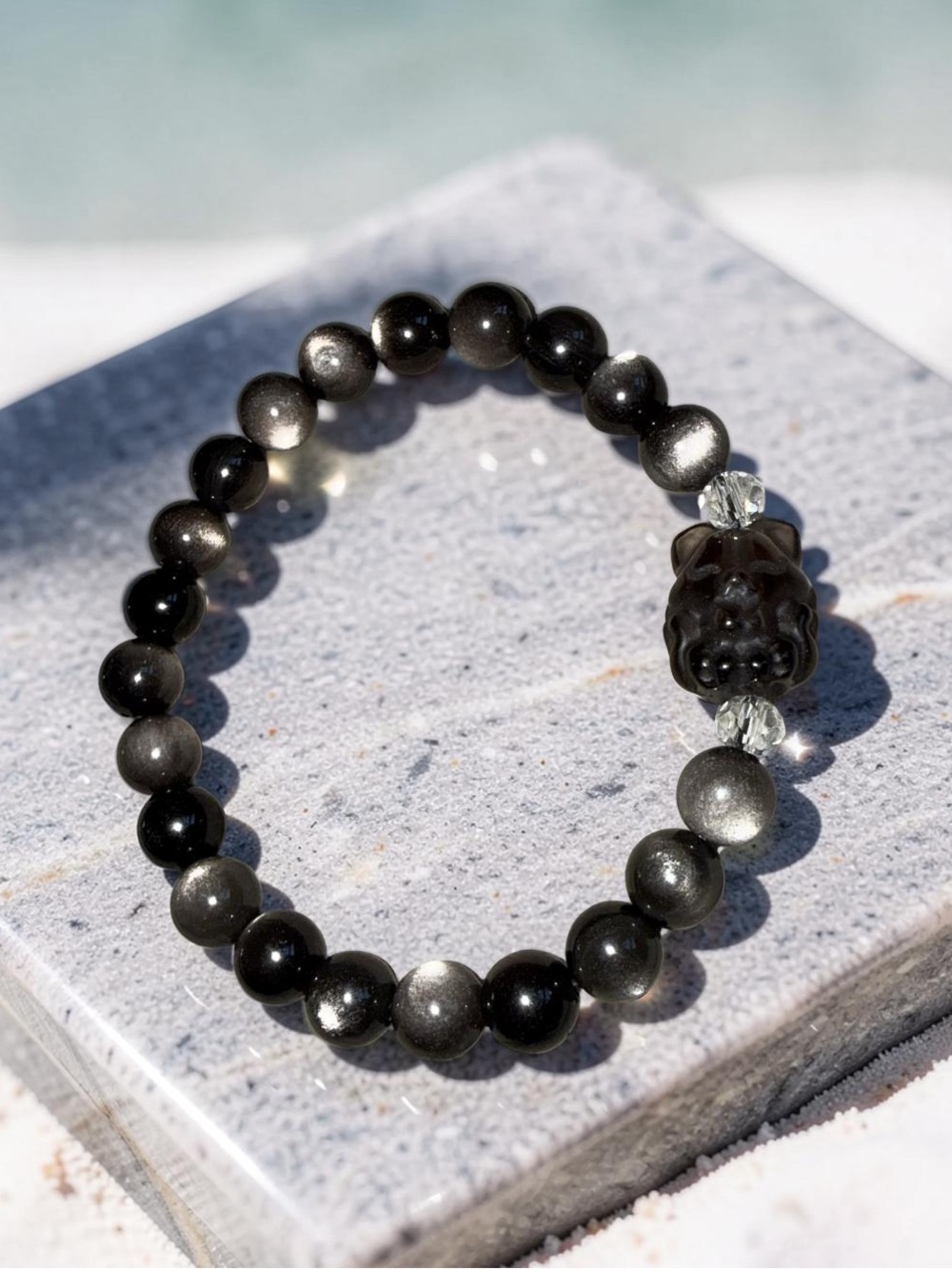 8mm Silver and Ice Obsidian Bracelet with 9 tail fox 🦊 (for sunshine)